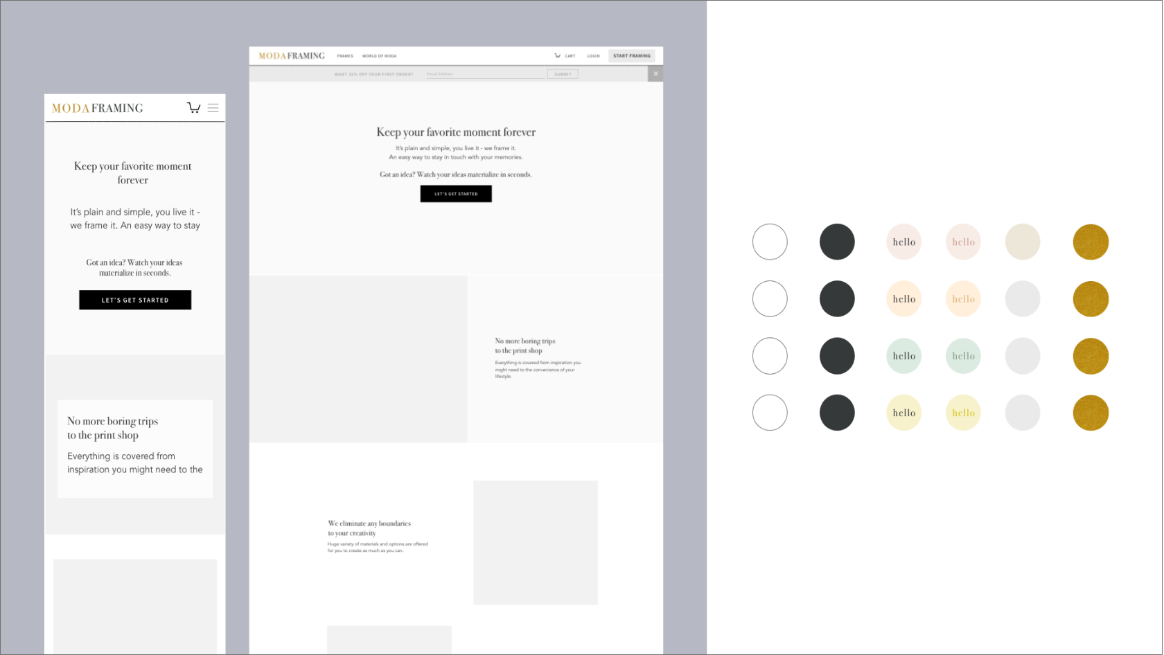 On the left: process of creating content hierarchy without colors; on the right: figuring out color combos.